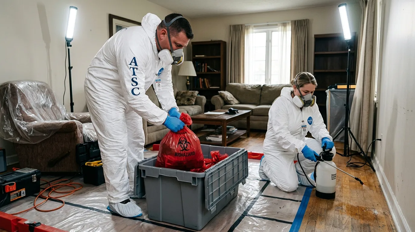 Professional Hazmat Cleanup technician in full PPE working in Arlington Heights
